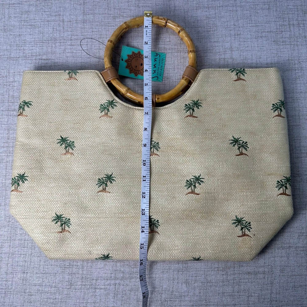 Sunny Palm Tree Embroidered Bamboo Handle Tote Bag NWT Resort Beach Purse - Picture 6 of 6